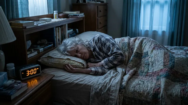 An older woman asleep on her side at night, hand reaching under the pillow to flip it in her sleep