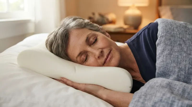 A side sleeper's head resting on a white memory foam pillow with a visible imprint of the head shape