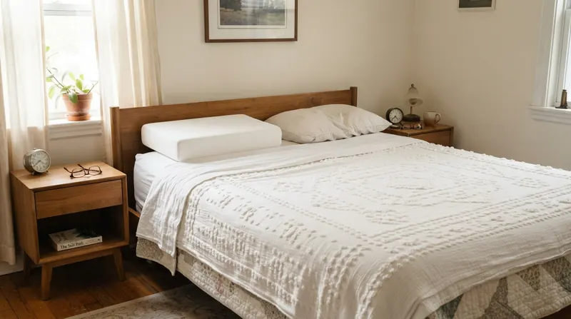 A neatly made double bed with a new white pillow on one side and an old flattened pillow on the other, morning light